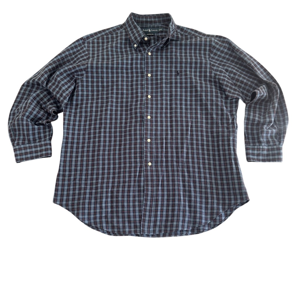 Ralph Lauren XL Blue Plaid Linen Cotton Classic Fit Men's Button Down Shirt